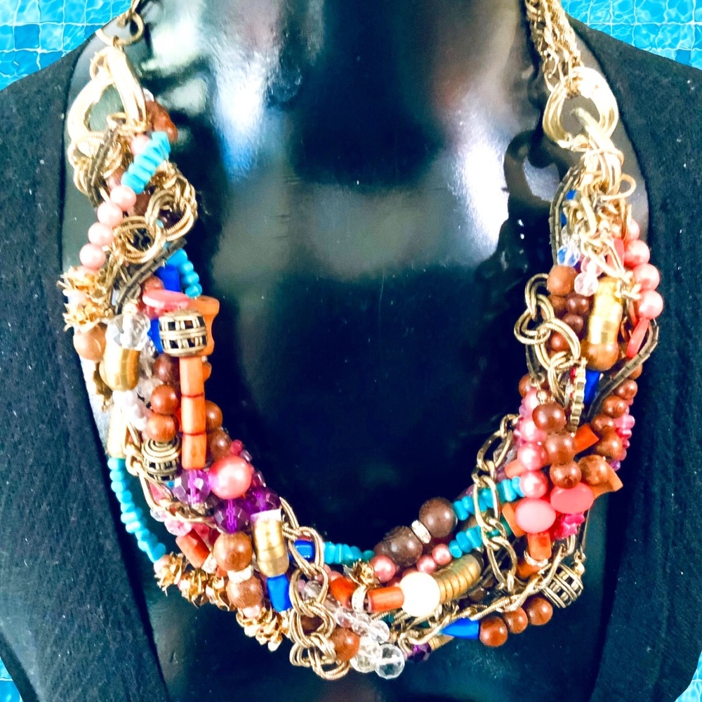 Multi Strand🩷SOLD🩷 BEADED CHUNKY STATEMENT NECKLACE SEQUIN ⭐️ NWT WOOD GLASS - Picture 1 of 14